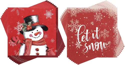 Vista 8 de Faccito 100 servilletas de papel de muñeco de nieve de Navidad, servilletas de cóctel de copo de nieve de invierno, servilletas de bebidas rojas