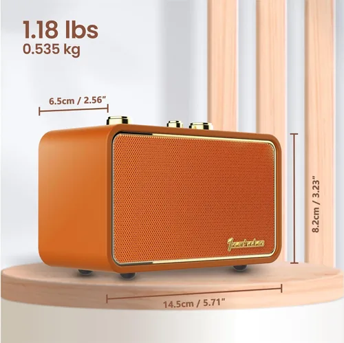 Vista 5 de Altavoz Bluetooth vintage con radio AM/FM, naranja Retro Wireless Speaker, 10H Playtime, Charge-While-Play, Aux/Antenna, Interchangeable Panel