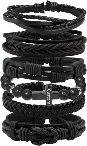 Vista 10 de MILAKOO 6 pulseras de cuero trenzado para hombres y mujeres de madera con cuentas de pulsera ajustable