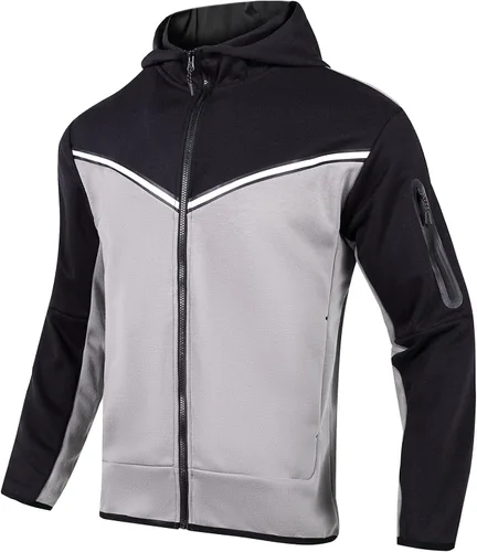 Vista 7 de Conjunto deportivo para hombre, sudadera con capucha y manga larga, con cremallera completa, 2 piezas Negro+gris ceniza