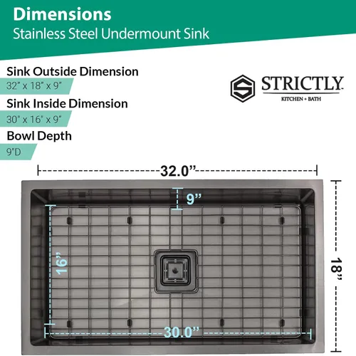 Vista 6 de Strictly Sinks Fregadero de Cocina de Montaje Inferior de Un Solo Tazón de 32 Pulgadas – Fregadero Negro Metálico Accesorio de Estante de Diseñador