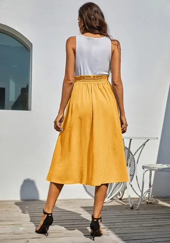 Vista 5 de Kate Kasin Falda midi de cintura alta para mujer, estilo vintage, elástica, acampanada, plisada, con botones y bolsillos