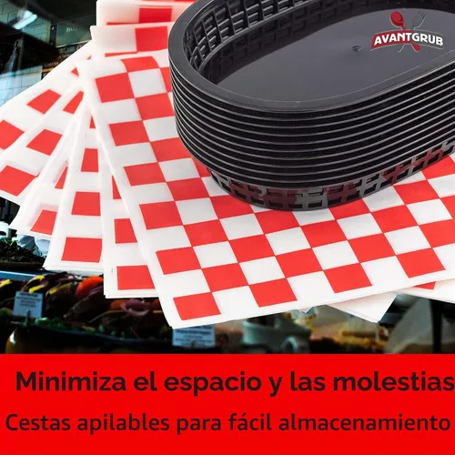 Vista 6 de Combo de cesta de comida rápida negra de estilo retro (paquete de 6) y forro de delicatessen a cuadros rojos (60 unidades). Las cestas clásicas