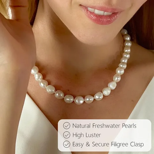 Vista 4 de MAX + STONE Collar de perlas de agua dulce para mujer Collar de perlas reales cultivadas en forma barroca de 0.315-0.354 in Collar de perlas