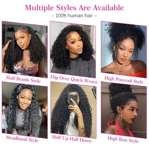 Vista 8 de Wear & Go Pelucas de cabello humano afro rizado sin pegamento, media peluca para mujeres negras, sin costuras, rizado, corte Bob Pixie, peluca