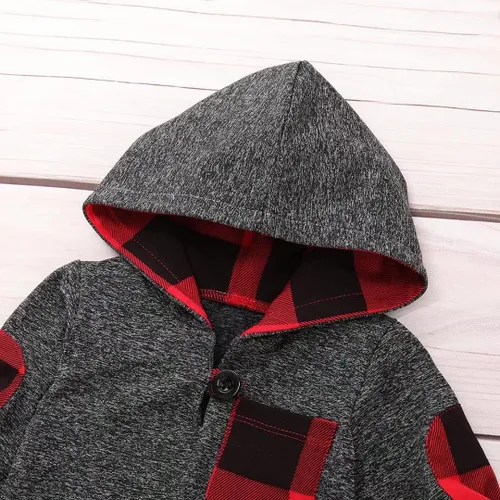 Vista 5 de Ropa de bebé niño para niños pequeños, traje de otoño e invierno, manga larga, bolsillo a cuadros, sudadera con capucha + pantalones, 2 piezas