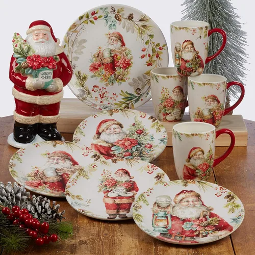 Vista 7 de Christmas Story - Juego de vajilla de 16 piezas, servicio para 4 con platos, cuencos y tazas de Papá Noel, juego de cerámica vintage con arte