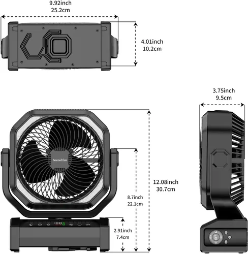 Vista 7 de Socool Ventilador de campamento con luz, ventilador de batería recargable de 20000 mAh, tiempo máximo de funcionamiento de 112 horas, 9 velocidades