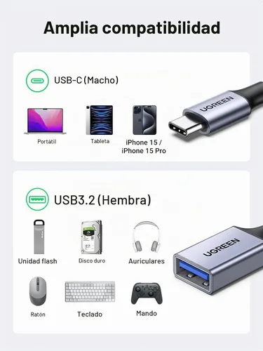 Vista 2 de UGREEN Adaptador USB C a USB 3.0 tipo C macho a hembra tipo A, gris Cable OTG de 5 Gbps, trenzado de nailon, aluminio, compatible con iPhone 17