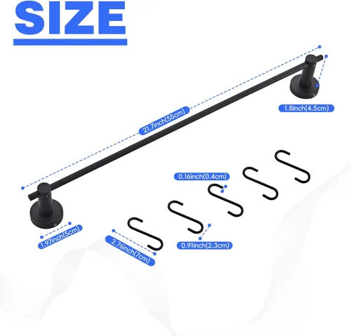 Vista 2 de Toallero de 21.6 pulgadas con 5 ganchos en forma de S, toallero de acero inoxidable negro para baño y baño, montado en la pared, para ollas