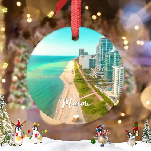 Vista 2 de Miami Beach - Decoraciones navideñas para árbol, Florida, Estados Unidos, adorno de Navidad de paisaje urbano 2022, recuerdo de viaje, adornos