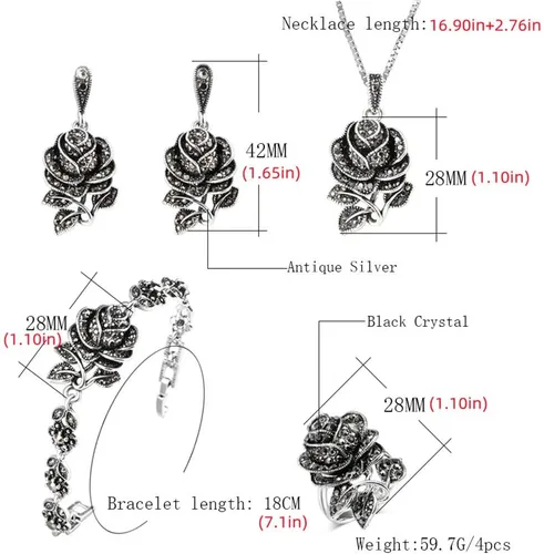 Vista 6 de Dtja Juego de 5 piezas de joyería vintage con dije de flor de rosa de circonita cúbica para mujeres y niñas, cristal negro plateado, bohemio, boda