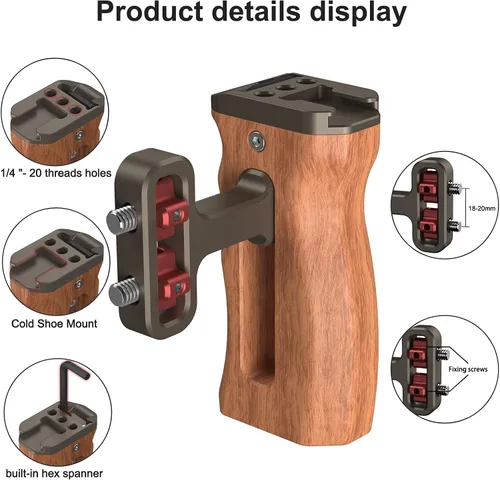 Vista 2 de Mini mango lateral de madera con tornillos de 1/4 de pulgada a 20 tornillos para cámara digital, jaula de cámara réflex digital con soporte de Mango