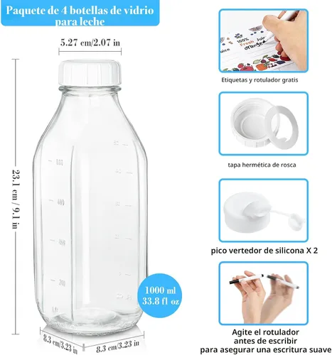 Vista 6 de Paquete de 4 botellas de leche de vidrio de 1 litro con escala, tapa de rosca 100% hermética y resistente, tarros de 32 onzas con 2 boquillas