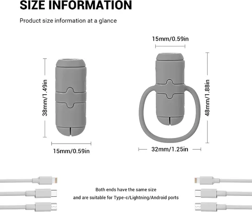 Vista 2 de Protectores de cable de carga, 6 piezas 2 en 1 de silicona de doble extremo compatible con cables de iPhone Android con USB-C tipo C, funda
