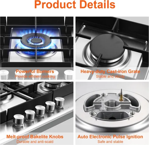 Vista 9 de Eascookchef Placa de cocina de gas de 30 pulgadas, estufa de gas con 5 quemadores de alta eficiencia, placa de cocina de propano de acero inoxidable