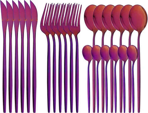 Vista 21 de Juego de cubiertos de acero inoxidable 18/0 con espejo, 24 piezas, incluye cuchillo, tenedor, cuchara, cucharadita, cubiertos para el hogar, Dorado