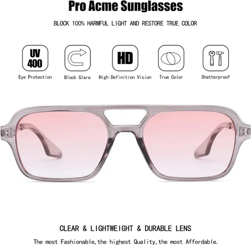 Vista 3 de Pro Acme Lentes de sol estilo aviador planos vintage de los años 70 para mujeres y hombres, lentes rectangulares de marco pequeño, protección UV400