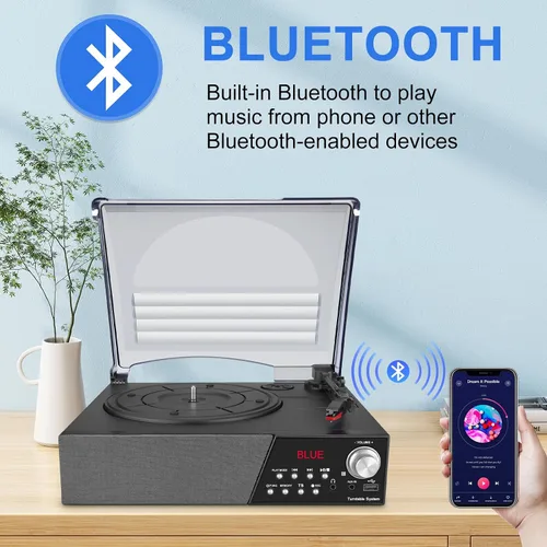 Vista 3 de LUXSWAY Tocadiscos, tocadiscos con altavoces estéreo para discos de vinilo, Bluetooth vintage de 3 velocidades, control remoto, radio