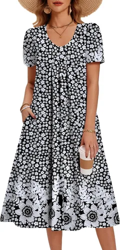 Vista 13 de Zeagoo Vestido de verano para mujer, casual, floral, midi, con bolsillos, cuello en V, plisado, manga corta, estilo alineado, para vacaciones