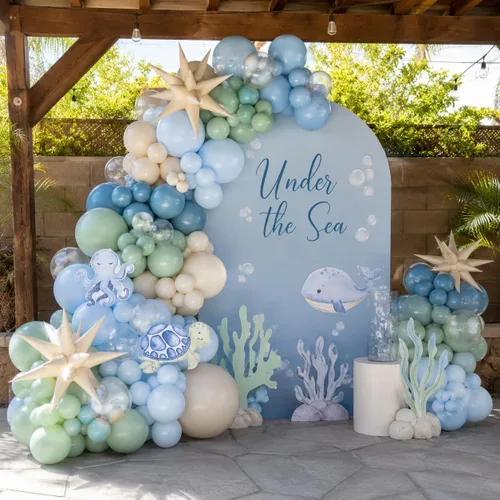 Vista 3 de Kit de guirnalda de arco de globos bajo el mar con globos de papel de aluminio de estrella azul polvoriento, verde pastel, arena y blanco