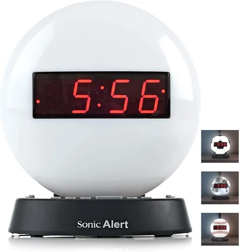 Vista 10 de Sonic Alert Reloj despertador con balón de fútbol con luz nocturna brillante, batería de reserva y atenuador de rango completo, reloj despertador