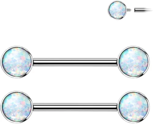 Vista 2 de Pierced Owl - 14G Implant Grade Titanium Internally Threaded Bezel Set Synthetic Opal Nipple Barbells, Sold as a Pair