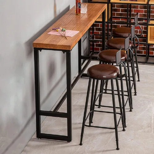 Vista 8 de Mesa de bar de madera, mesa de comedor industrial de madera de pino con base de caballete en negro