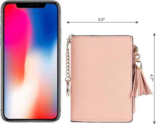 Vista 2 de Gostwo Mini cartera pequeña plegable para mujer con borla y bolsillo con cremallera para monedas, Rosa Con Llavero, Moda