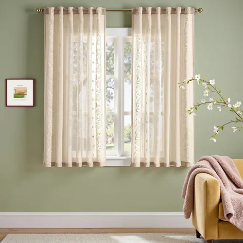 Vista 23 de jinchan Cortinas de lino floral marfil para sala de estar 84" pestaña