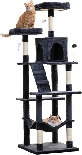 Vista 27 de MWPO - Árbol para gatos, multiestructura para gatos grandes con postes rascadores de sisal, plataforma acolchada, hamaca y condominio, torre Beige