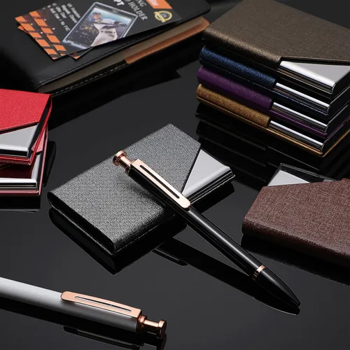 Vista 4 de Yexiya Estuche profesional para tarjetas de visita, 10 unidades, piel sintética y bolsillo de acero inoxidable, cartera de crédito delgada de metal