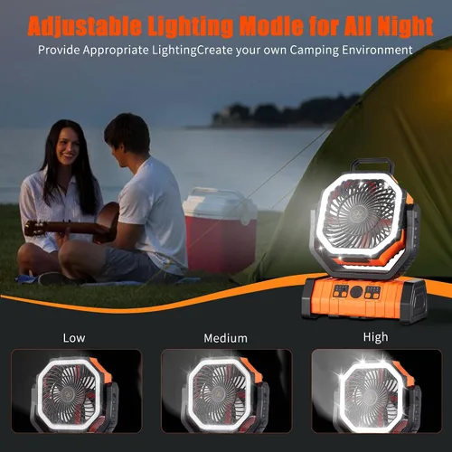Vista 5 de Ventilador recargable, ventilador de camping operado por batería con gancho y luz LED brillante, control remoto, temporizador, oscilación