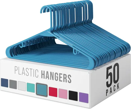 Vista 10 de Perchas de plástico, paquete de 50 perchas color aguamarina, son perfectas para colgar abrigos y ahorrar espacio en general para clósets y nuevos