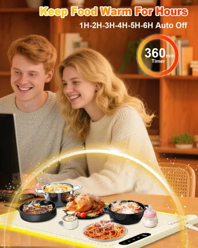 Vista 5 de Tapete de calentamiento de alimentos con luz, bandeja de calentamiento eléctrica con 6 ajustes de temperatura y temporizador de 6 horas, película