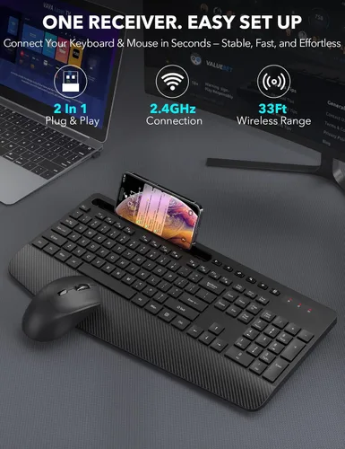 Vista 4 de Combo de teclado y mouse inalámbrico - Teclado ergonómico de tamaño completo con reposabrazos, soporte para teléfono, modo de suspensión, combo