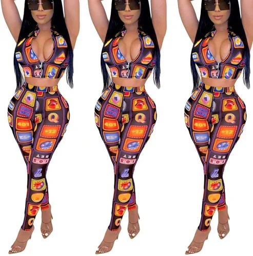 Vista 2 de Conjunto sexy de 2 piezas para mujer 2020 Camiseta corta con cremallera frontal y manga corta con pantalones de cintura alta traje deportivo