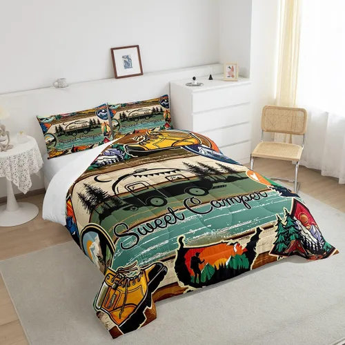 Vista 4 de Erosebridal Juego de edredón de cabaña de cabaña, juego de ropa de cama individual para niños, edredón de campamento con temática de campamento