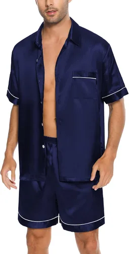 Vista 3 de SWOMOG Men Silk Satin Pajamas Short Sleeve Pjs Set Button Down Sleepwear Soft Lounge Set Nightwear with Pockets