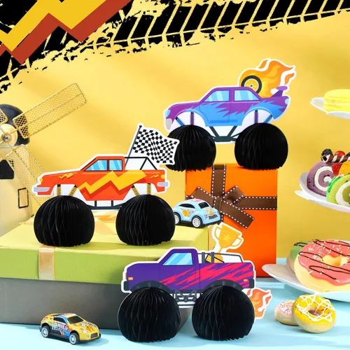 Vista 4 de 9 piezas de decoración de fiesta de cumpleaños de camión monstruo, adornos de auto de panal de abeja, ruedas 3D Blaze de doble cara, centro de mesa