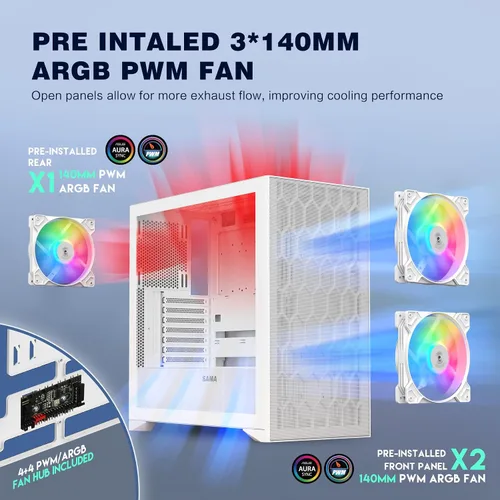 Vista 4 de Estuche de PC SAMA V Mesh de torre media - Estuche de PC para juegos con alto flujo de aire, panel frontal de malla y panel lateral de vidrio