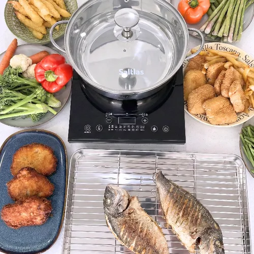 Vista 8 de Saltlas Olla de Freidora Profunda de 4.4Qt/4.2L con Cesta y Cucharón Colador, Olla de Acero Inoxidable 304 para Freír Pescado, Mariscos, Pollo