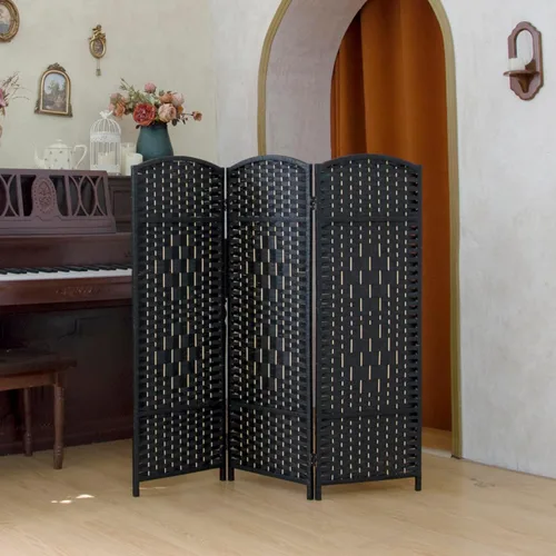Vista 3 de Divisor de habitación corto compacto de 3 paneles, pantalla plegable de ratán de doble cara de 47.2 pulgadas de alto para el hogar y la oficina