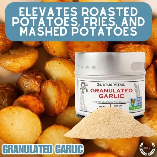 Vista 6 de Ajo granulado, sin OMG, empaquetado a mano en latas magnéticas, de origen sostenible, cultivado en Estados Unidos, totalmente natural, no irradiado