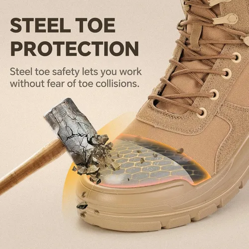 Vista 3 de ANGRYRAM Botas de trabajo para hombres con punta de acero, botas militares tácticas, cómodas, ligeras, antideslizantes, botas de senderismo
