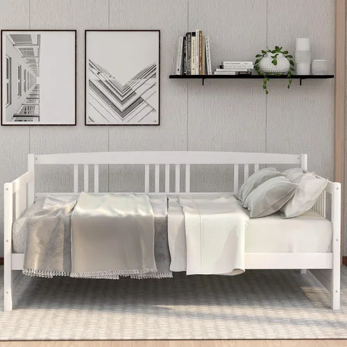 Vista 3 de Flieks Sofá cama de madera maciza, tamaño individual, cama multifuncional para niños, no requiere somier, color blanco