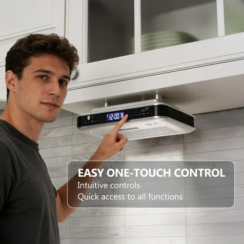 Vista 3 de iLive Radio FM Bluetooth para debajo del gabinete para cocina, estéreo inalámbrico con reloj y temporizador incorporados, 20 preajustes de FM, LCD