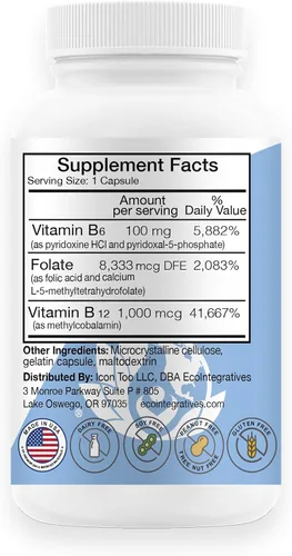Vista 2 de Vitamina B6 Complejo B9 Folato y Vitamina B12-100 Cápsulas