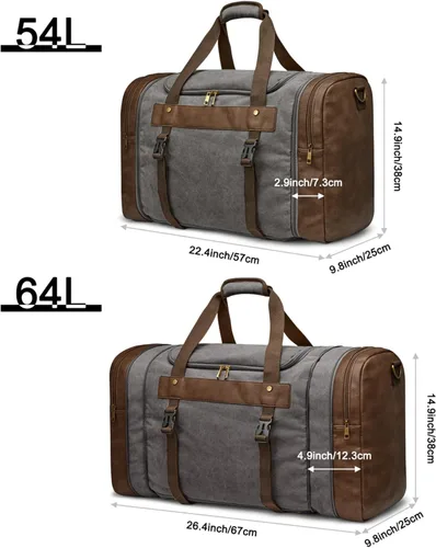 Vista 2 de S-ZONE Bolsa de lona de 65L para viajes durante la noche, bolsa de lona con compartimento para zapatos para hombres y mujeres, Gris, Bolsa de lona