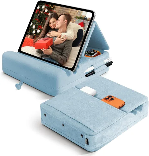 Vista 12 de Soporte de almohada para tablet con almacenamiento, soporte plegable para iPad para Lep, cama, sofá y escritorio, base suave con bolsillo y soporte